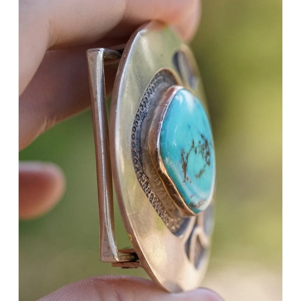 Dan Oliver - Navajo Bear Claw Overlay Sterling Silver Turquoise Belt Buckle‎